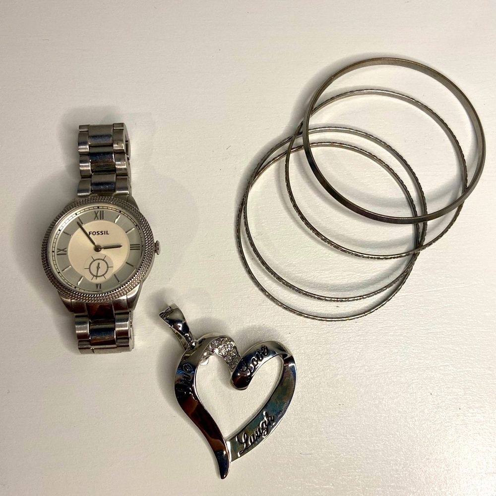Jewelry bundle with silver Fossil watch, bangles, and heart charm